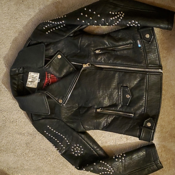Guess Women's Black Studded Faux Leather Moto Jacket Sz M EUC - Picture 6 of 9